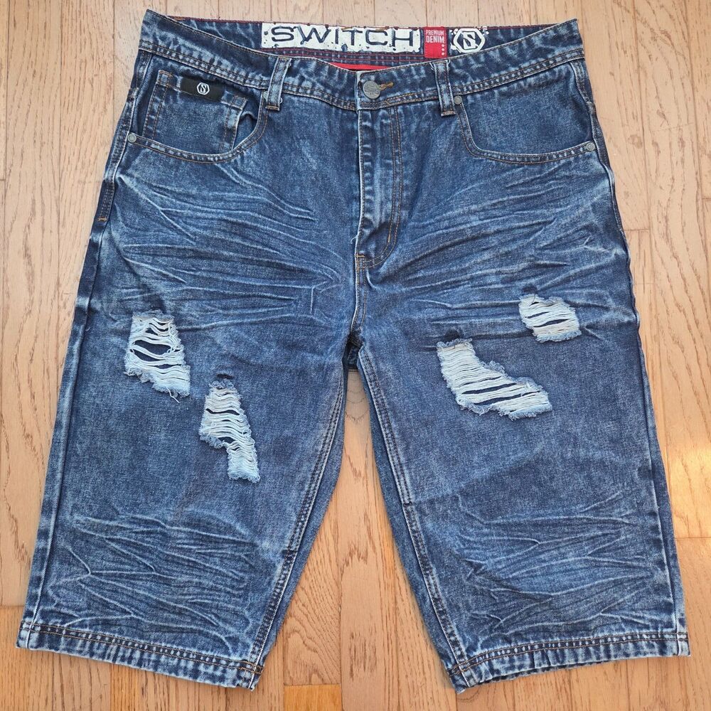 Switch Remarkable Shorts Mens 36 Denim Med Wash Fade Distressed 14" Inseam